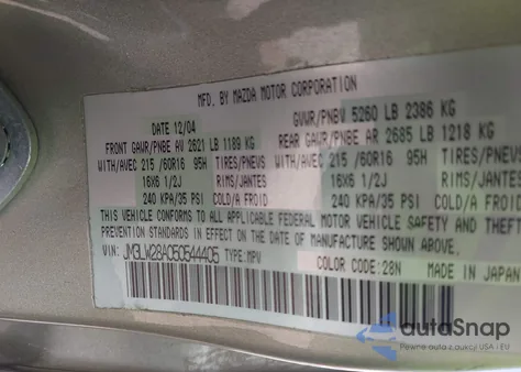 2005 Mazda Mpv Lx из США, поврежденный, VIN JM3LW28A050544405